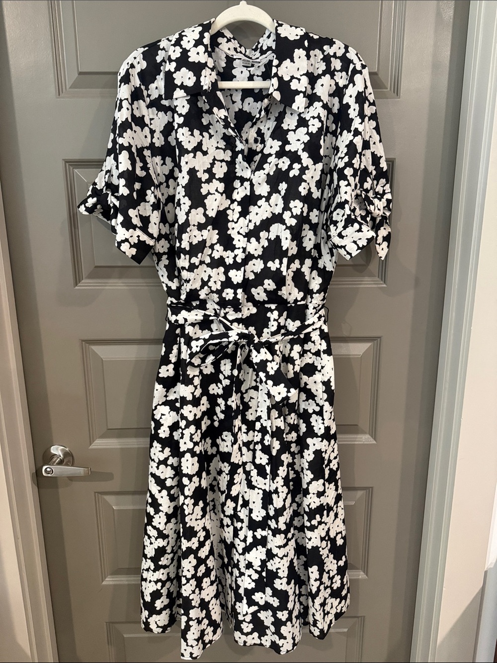 Black & White Floral Shirt Dress with Tie Waist